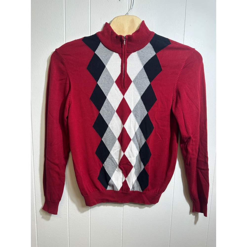 Lyle & Scott Mens Red Argyle Quarter Zip Combed Cotton Sweater Size L RN105741